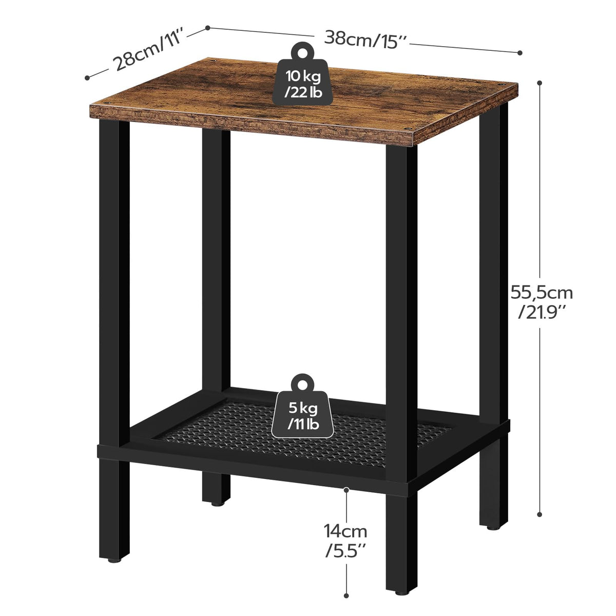 HOOBRO End Table, Small Side Table with 2-Tier Storage Shelves, Nightstand with Faux Rattan Decoration, Sofa Table for Small Space, Beside Table for Living Room, Rustic Brown and Black BF91BZ01