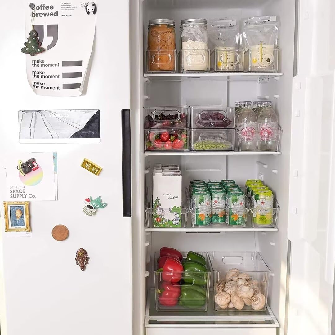 8 Pcs Plastic Storage Bins for Freezer, Pantry, Countertop, Cabinet Organization, Stackable Food Storage Organizer with Handles, BPA Free, 10 x 6 x 3 Inch, 10 x 4 x 3 Inch