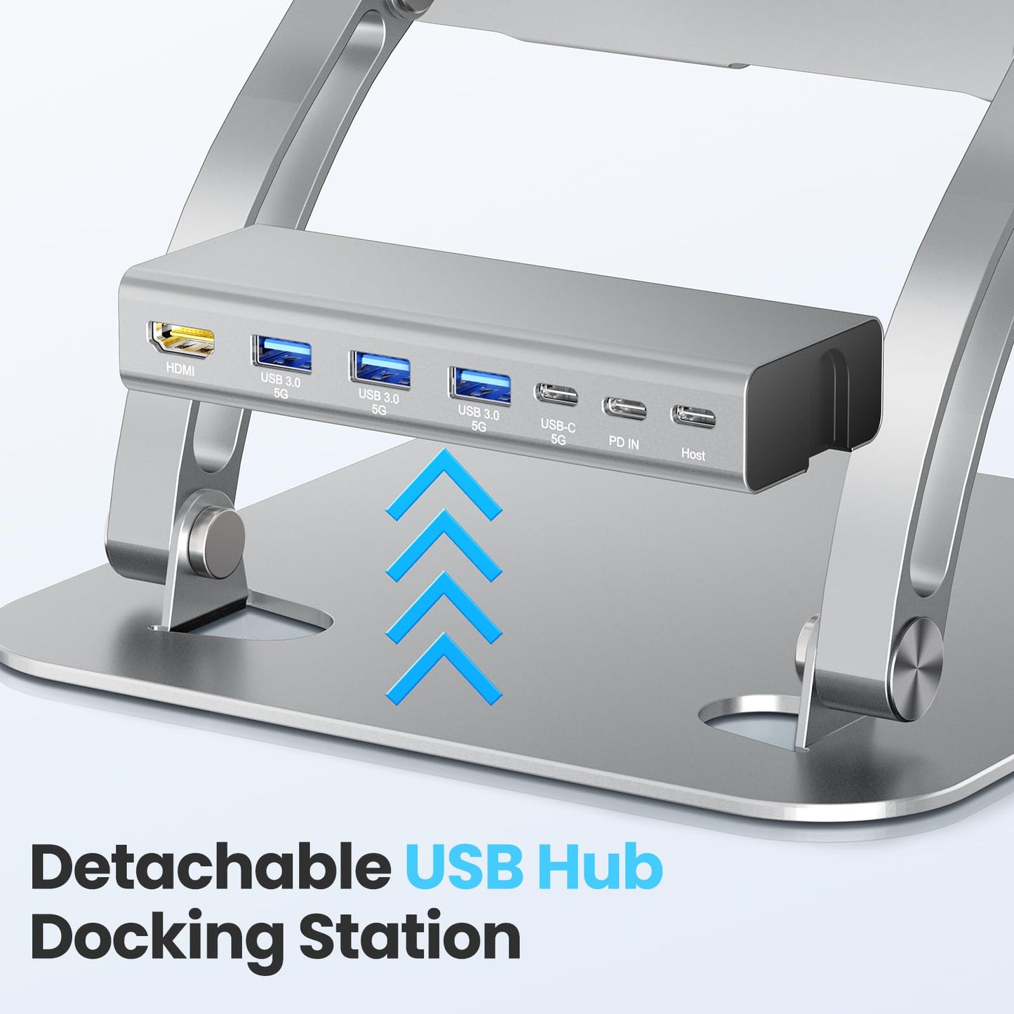 Tounee Laptop Stand with Detachable USB-C Hub, 100W PD Charging, 4K@60Hz HDMI, USB-A & USB-C 3.0 Ports, Host Port, Ergonomic Aluminum Laptop Holder for 10-17" Laptops, MacBook & More (Silver)