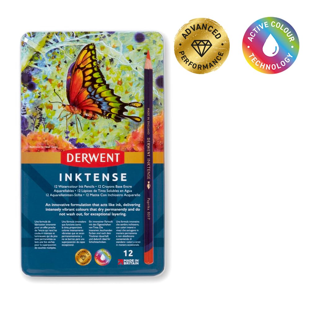 Derwent Inktense Pencils Tin, Set of 12, Great for Holiday Gifts, 4mm Round Core, Firm Texture, Watersoluble, Ideal for Watercolour, Drawing, colouring and Painting on Paper and Fabric (0700928)