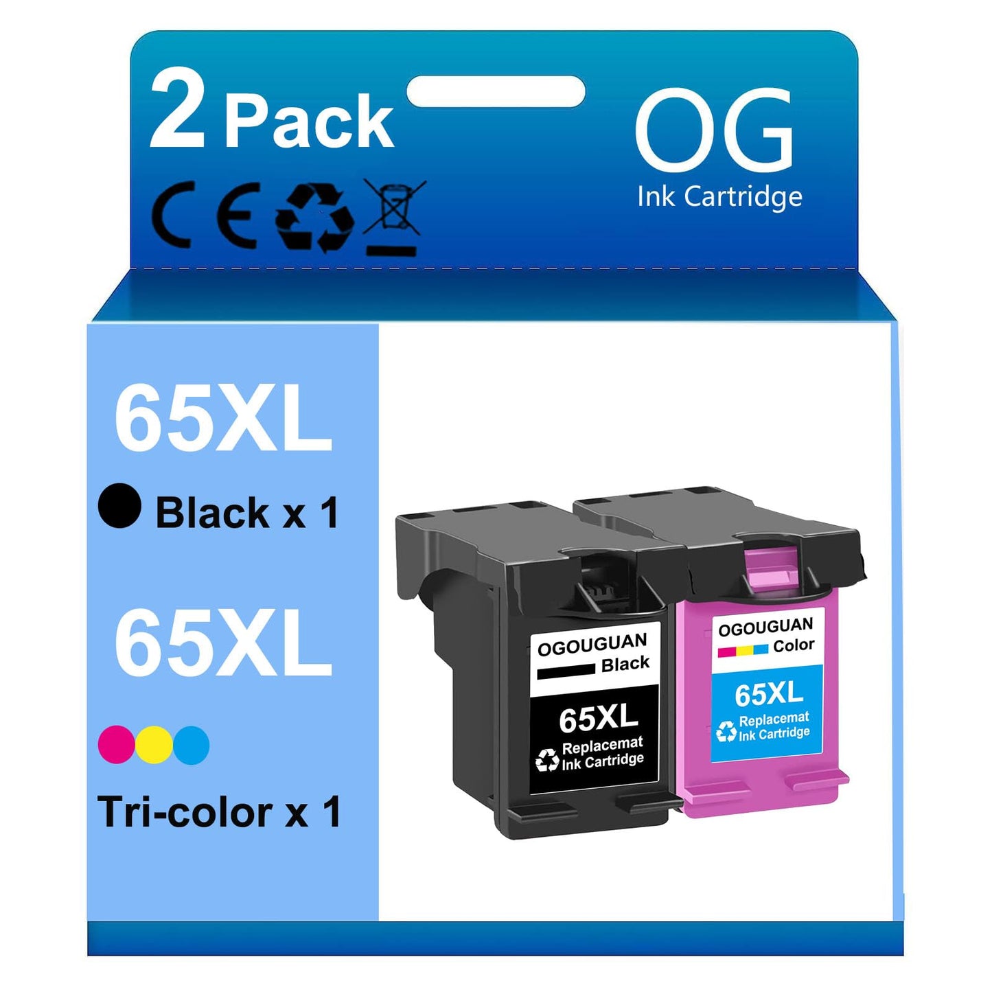 OGOUGUAN Replacement for for HP 65 XL Ink cartridges,for HP 65,for HP 65XL,for HP Ink 65,for DeskJet 3755 2655 3752 2600 3700 2652 3720 2622 2620 2630 Envy 5055 5052 5000 5010 5070 5030 5020 (2-Pack)