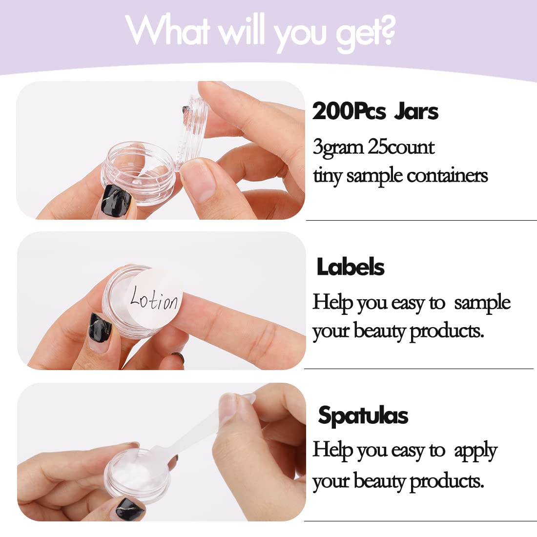 3 Gram Sample Containers with Lids, 200 Count Clear Sample Jars, Empty Lip Balm Containers, Mini Cosmetic Containers with Lids, Makeup Travel Containers with Labels, Mini Disposable Spatulas