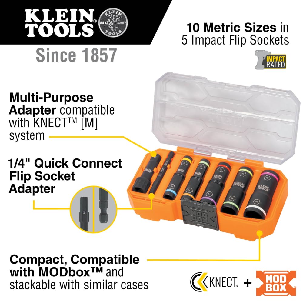 Klein Tools 65619 KNECT Flip-10 Metric Impact Socket Set, Deep Sockets, 5 Color-Coded Flip Sockets, 10 Metric Socket Sizes, 1/4 and 3/8-Inch Adapters, MODbox Case