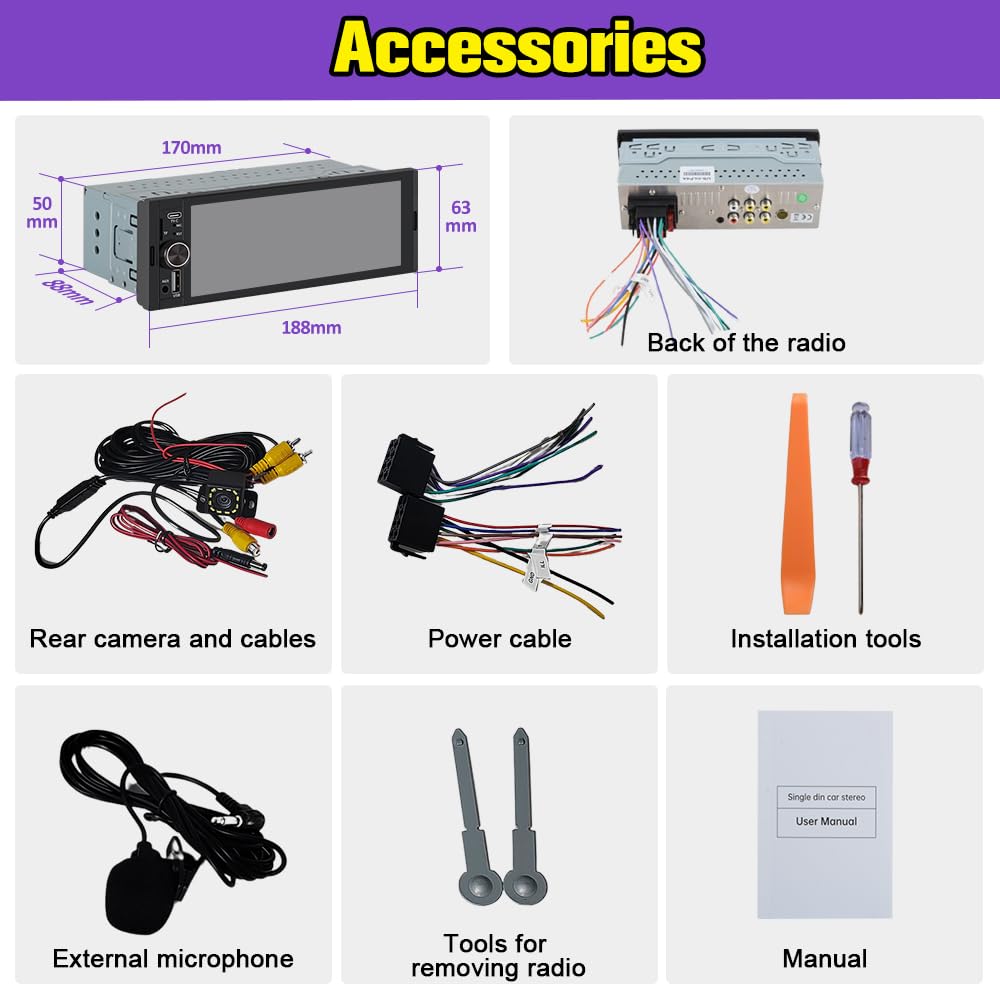 Pyniro Single Din Car Radio with 6.36" IPS Touchscreen, Wireless CarPlay & Android Auto, Backup Camera, Bluetooth, External Mic, USB/TF/FM Support