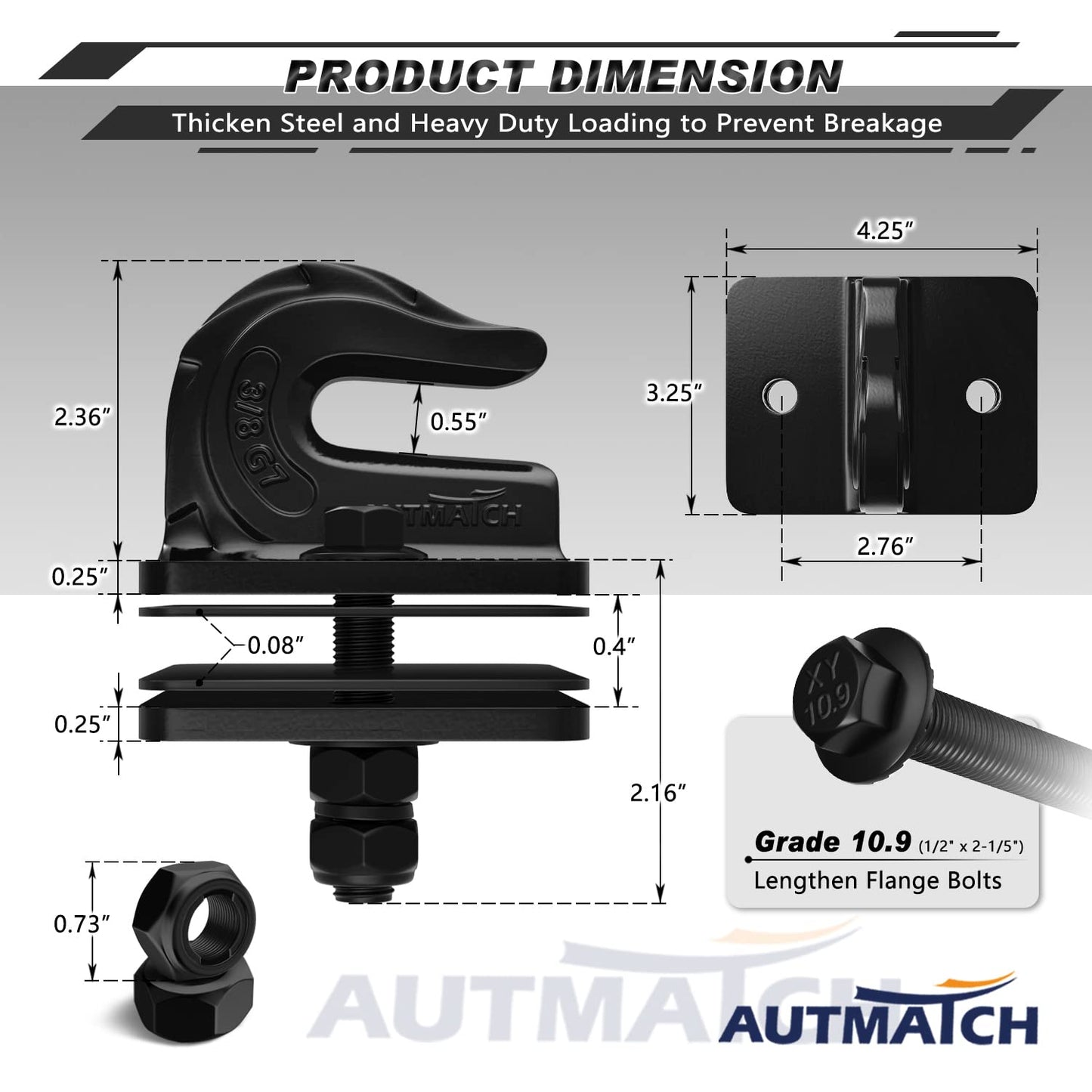 AUTMATCH Tractor Bucket Grab Hook 3/8" (2 Pack) - Grade 70 Forged Steel Bolt On Grab Hook Tow Hook Mount with Backer Plate & Rubber Pads, Max 18,000Lbs Work for Loader, Tractor Bucket, Truck, Black