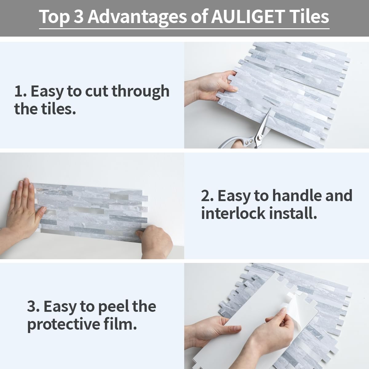 AULIGET 20 Sheets Faux Stone Peel and Stick Backsplash, Light Grey Marble Look PVC Mixed Metal Wall Tiles Stick on Backsplash for Kitchen