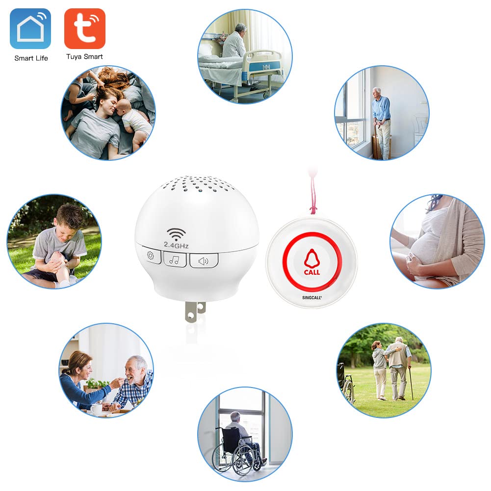 SINGCALL Tuya WiFi Smart SOS Emergency Wireless Caregiver Pager Calling System Home Caring for Old People Patients Children 2 Transmitters 1 Plugin Receiver