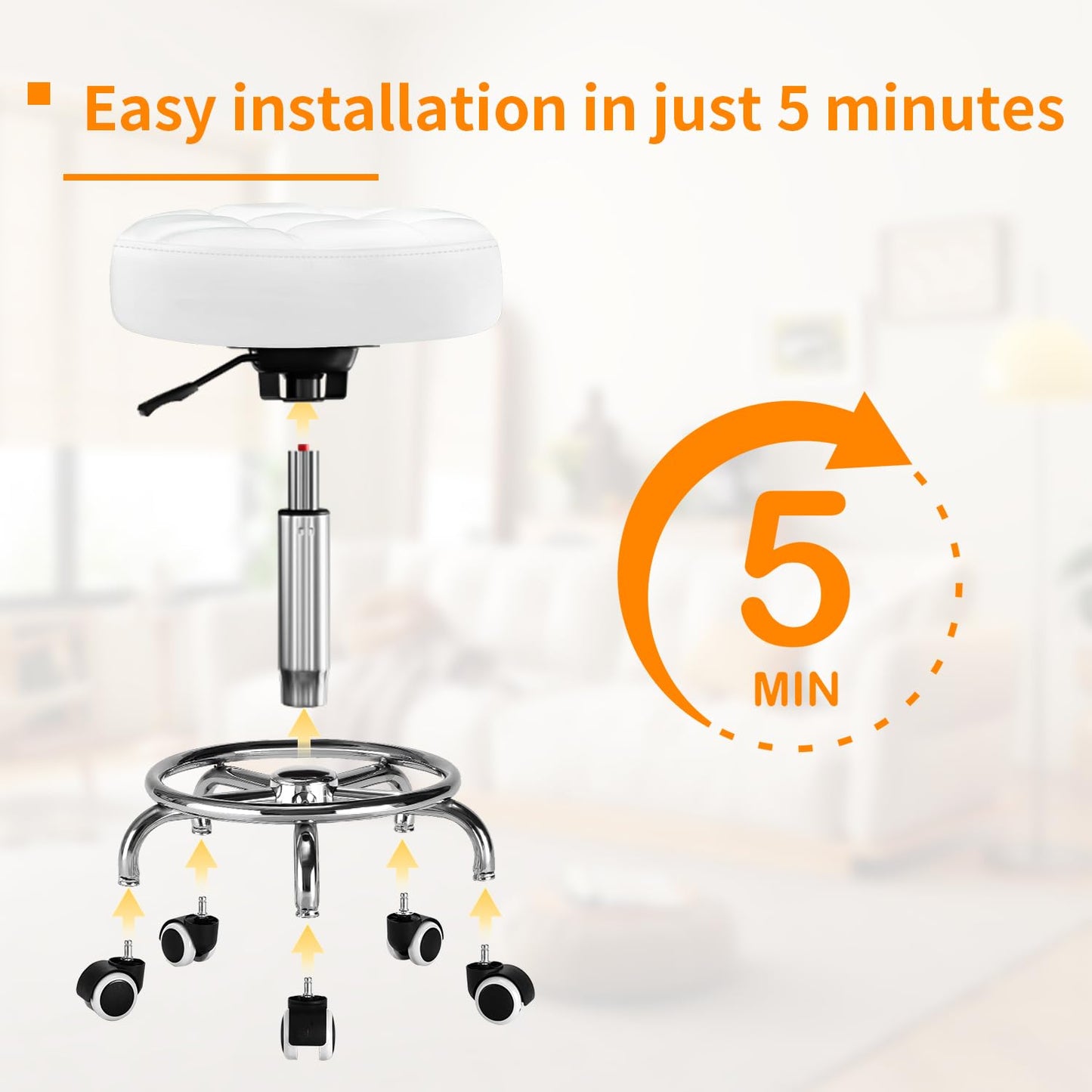 Rolling Stool PU Leather Round - Ultra Soft Padded Seat Cushion Stool with Wheels with Footrest, Strong Weight Capacity 350lb,Adjustable Swivel Stool for Tattoo Massage Salon Office Spa Home (White)