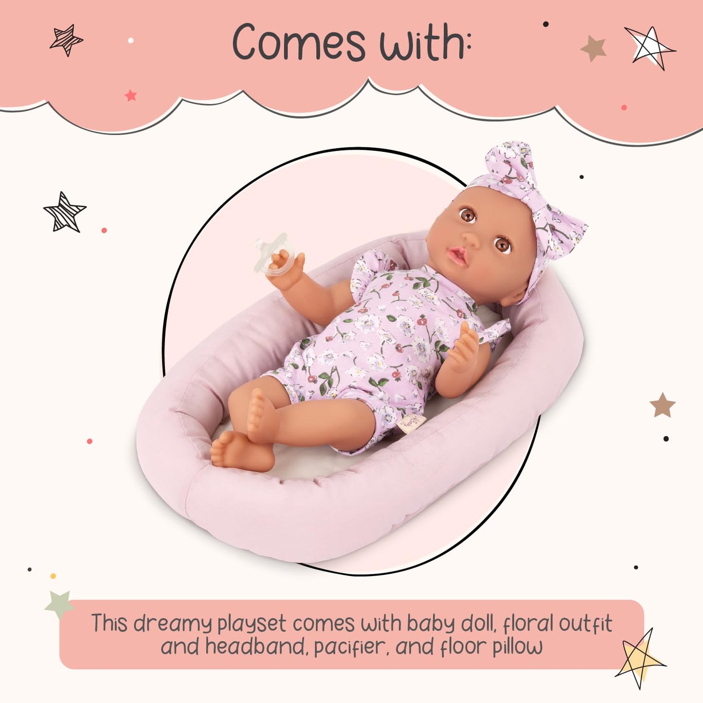 LullaBaby – 14-Inch Realistic Baby Doll – Brown Eyes & Soft Body – Clothing Floral Sleeper, Headband & Pacifier – Plush Bassinet Bed – Pretend Play 2+ Years – Floor Pillow Set