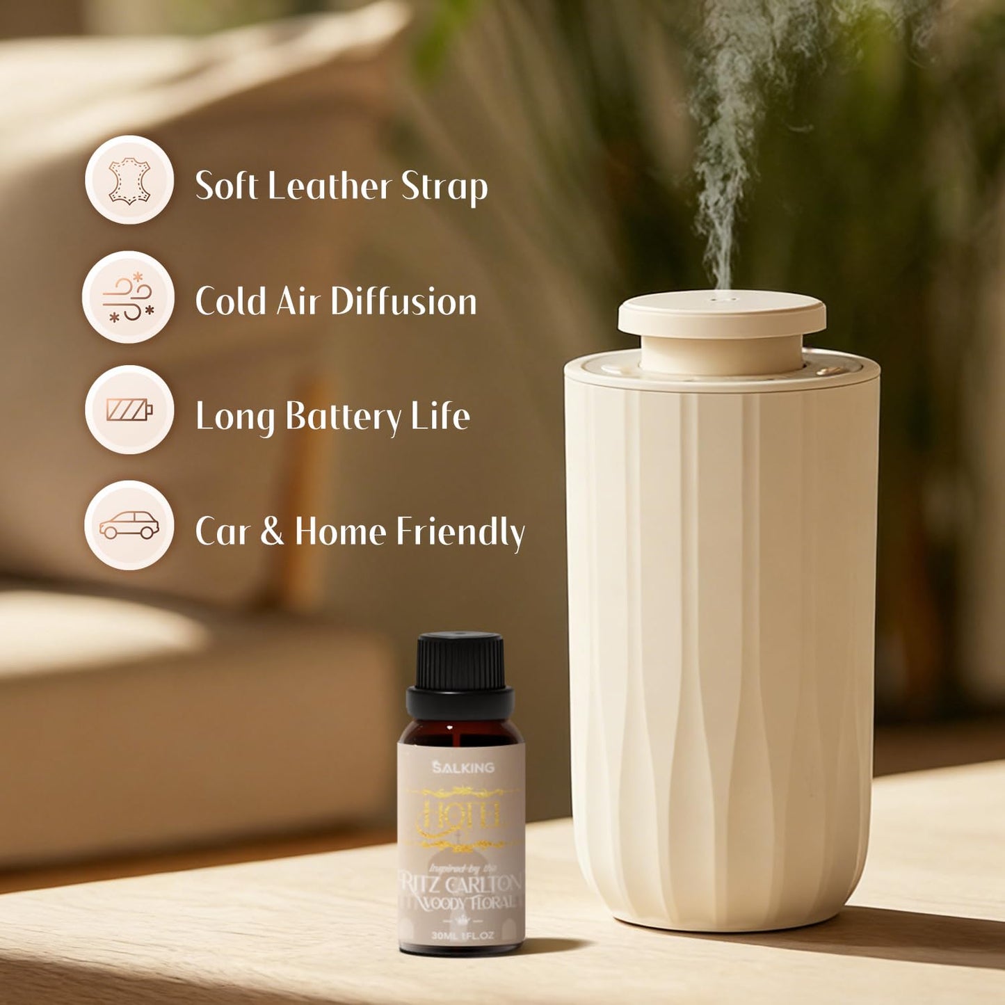 Waterless Essential Oil Diffuser with 30mL Hotel Scent Fragrance Oil, Battery Operated Portable Mini Diffuser with 1H/2H/4H Timer & Adjustable 2 Modes, Leather Handle for Home, Car, Travel, White