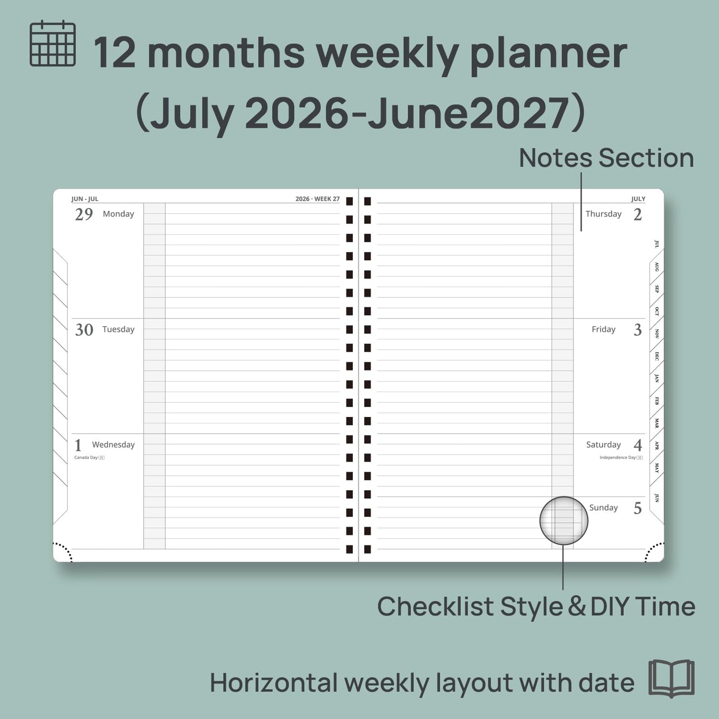 POPRUN 2026-2027 Academic Weekly Planner, Large 8.5" x 10.5" Horizontal Layout Calendar Agenda from July 2026 to June 2027, Softcover Appionment Book with Monthly Tabs, Spiral Bound, Inner-Pocket - Soft Pink