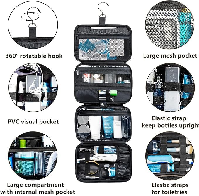 BAGSPRITE Large Hanging Toiletry Bag for Men and Women - Water-Resistant Travel Toiletry Bag - Makeup Cosmetic Bag Travel Organizer for Accessories, Shampoo, Full-size Container, 2IN1 Black
