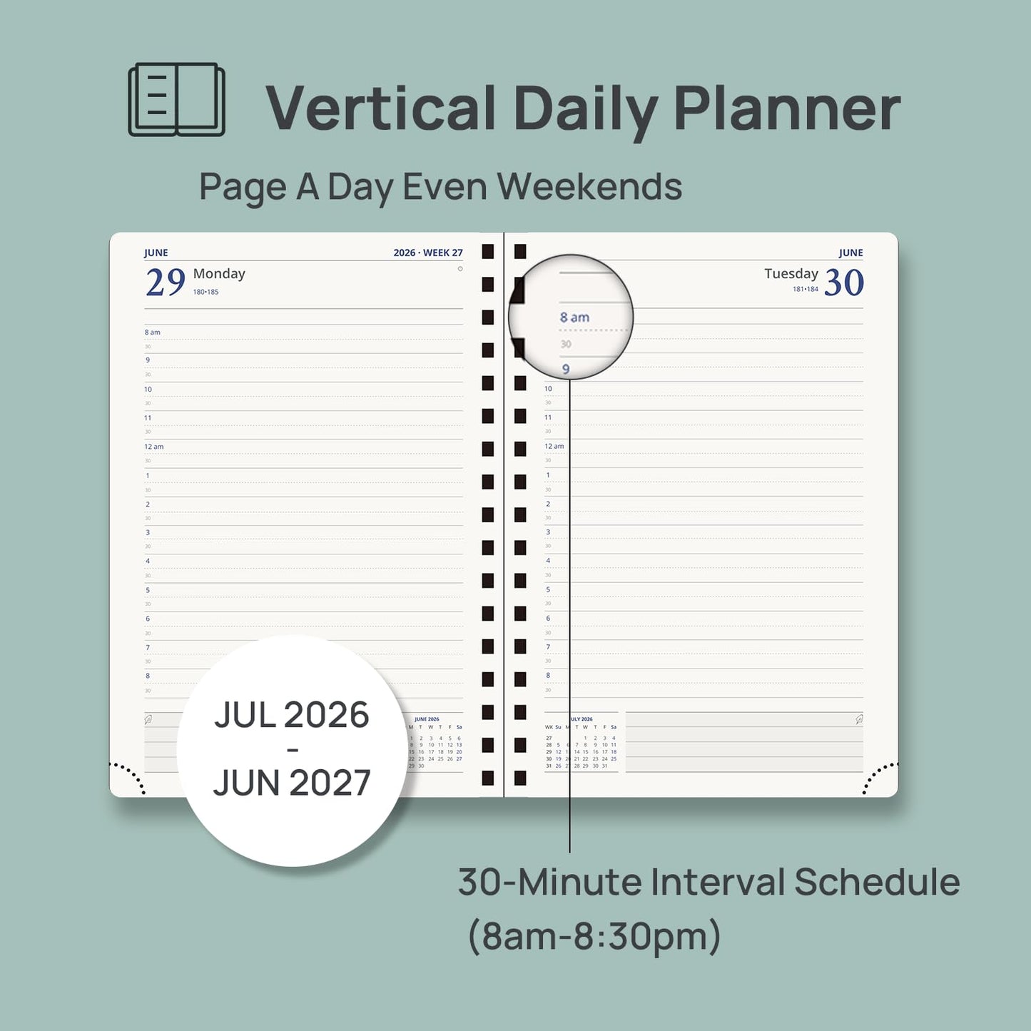 POPRUN Daily Planner 2026-2027 One Page Per Day (6" x 8.5"), 12 Months Hourly Appointment Book (July 26-June 27) Academic Planner Calendar Book with Inner Pocket, Spiral Hardcover - Pink