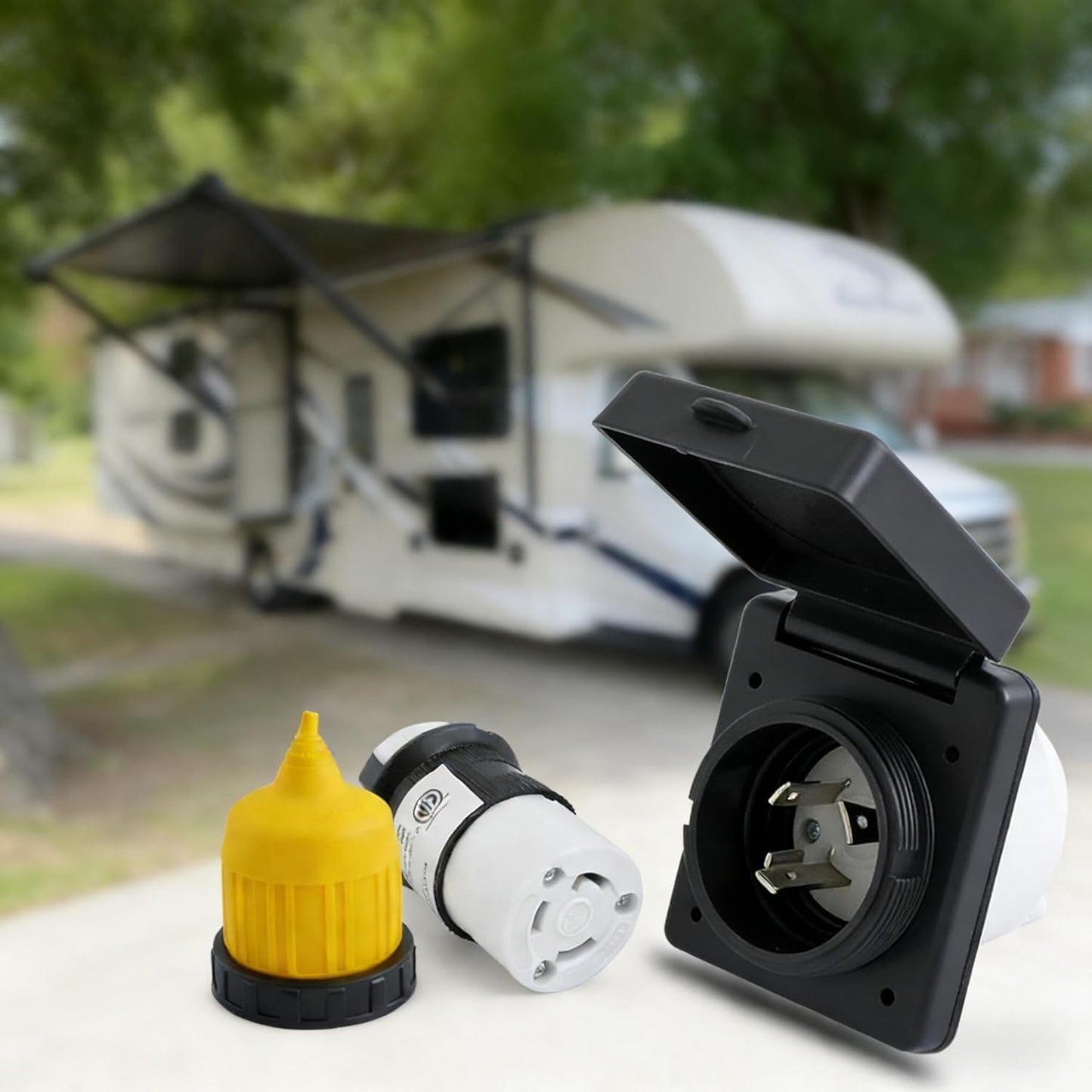 30Amp RV Power Inlet Kit, Including RV Power Inlet Receptacle, Female Twist Lock Adapter and Yellow Weatherproof Cover Boot, 125V RV Power Inlet Plug for RV Camper Trailer Boat Caravan Truck Yacht