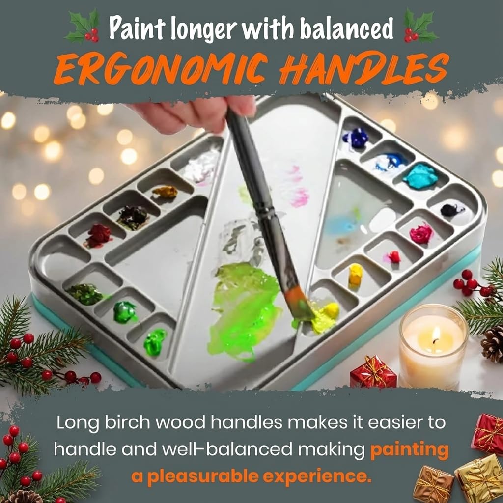 Art Brush Set. Best Professional Artist Supplies. Acrylic Paint Brushes, Watercolor, Gouache, Oil Painting. 15 pc Long Handle. Travel Kit by D’Artisan Shoppe
