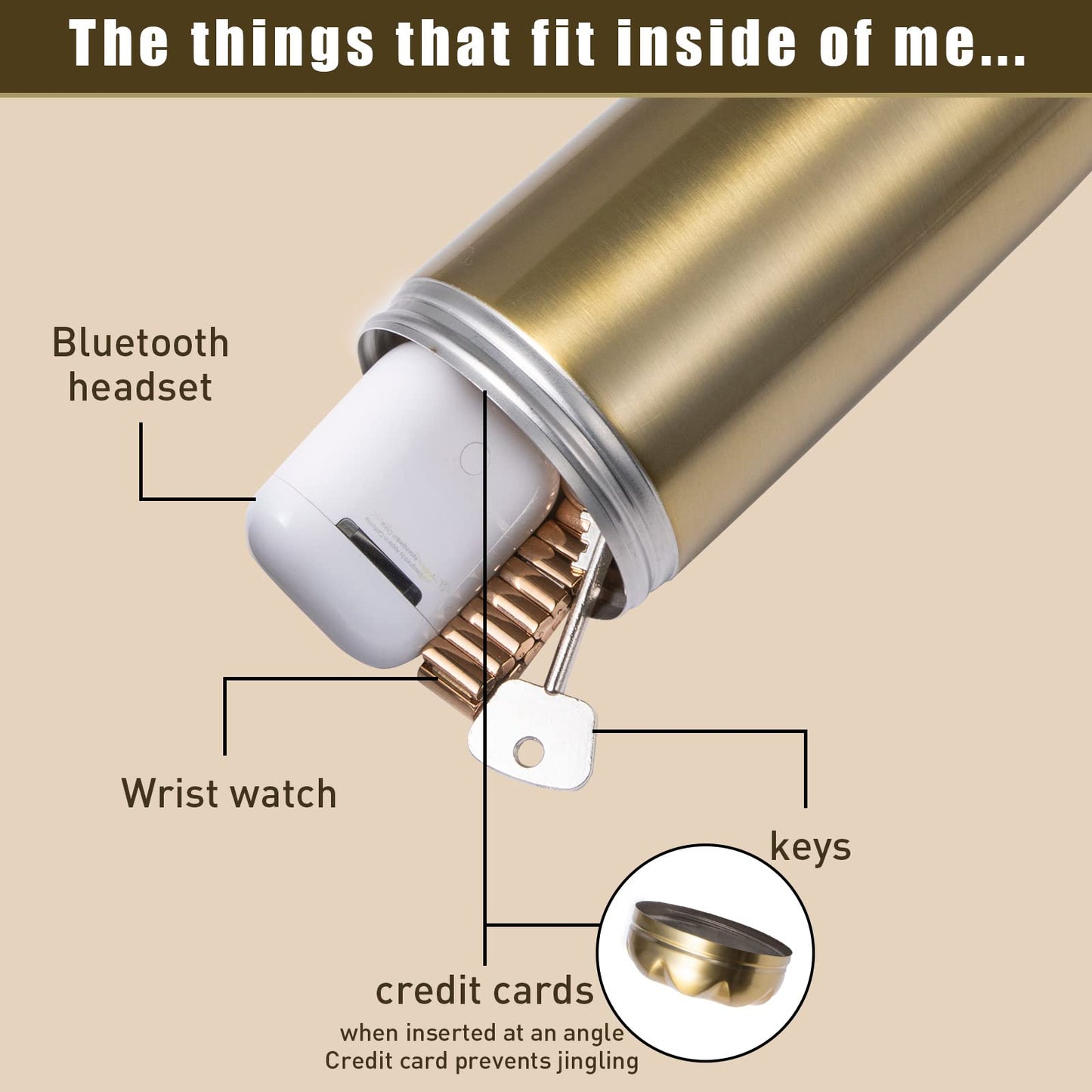 Diversion Safe Golden Water Bottle - All Stainless Steel Stash Container with Hidden Compartment for Cards, Keys, Cash & Valuables | Includes Free Hook & Smell Proof Bag