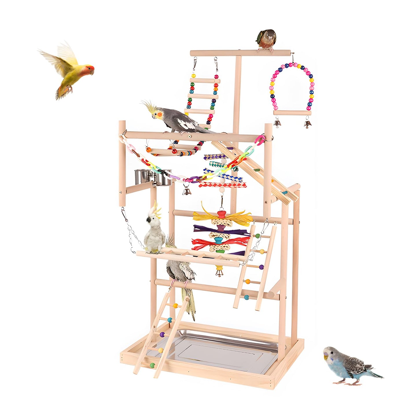 ASDJAKZP Bird Playground, Bird Stand, Pet Bird Parrot Playground, 4 Layers Pet Parrot Playstand with Exercise Toys Swings Feeder Cups, Bird Play Stand Wood Perch Gym Playpen Ladder for Cockatiel Parakeet
