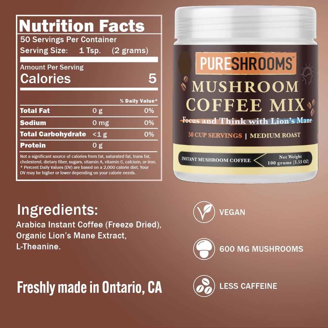 PureShrooms Focus & Think Mushroom Coffee with Ultra Concentrated Lion's Mane Mushroom, L-theanine - Vegan and Keto-Friendly (100 grams)