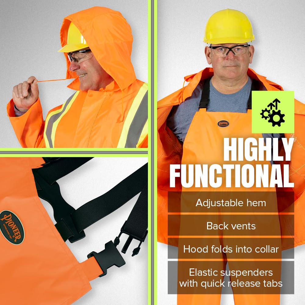 Pioneer Hi Vis Waterproof Lightweight Rainsuit - Work Safety Hooded Jacket and Bib Pants - Adjustable Pant Length - Hi Vis Orange