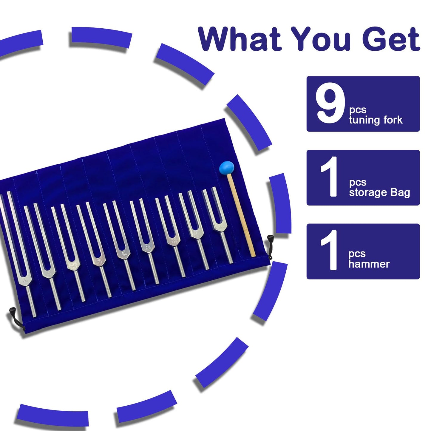 Oreilet 9Pcs Tuning Forks Set, Body for Healing Chakra with Storage Bag, Musical Instrument DNA Healing, Sound Therapy (174Hz, 285Hz, 396Hz, 417Hz, 528Hz, 639Hz, 741Hz, 852Hz, 963HZ) defult default