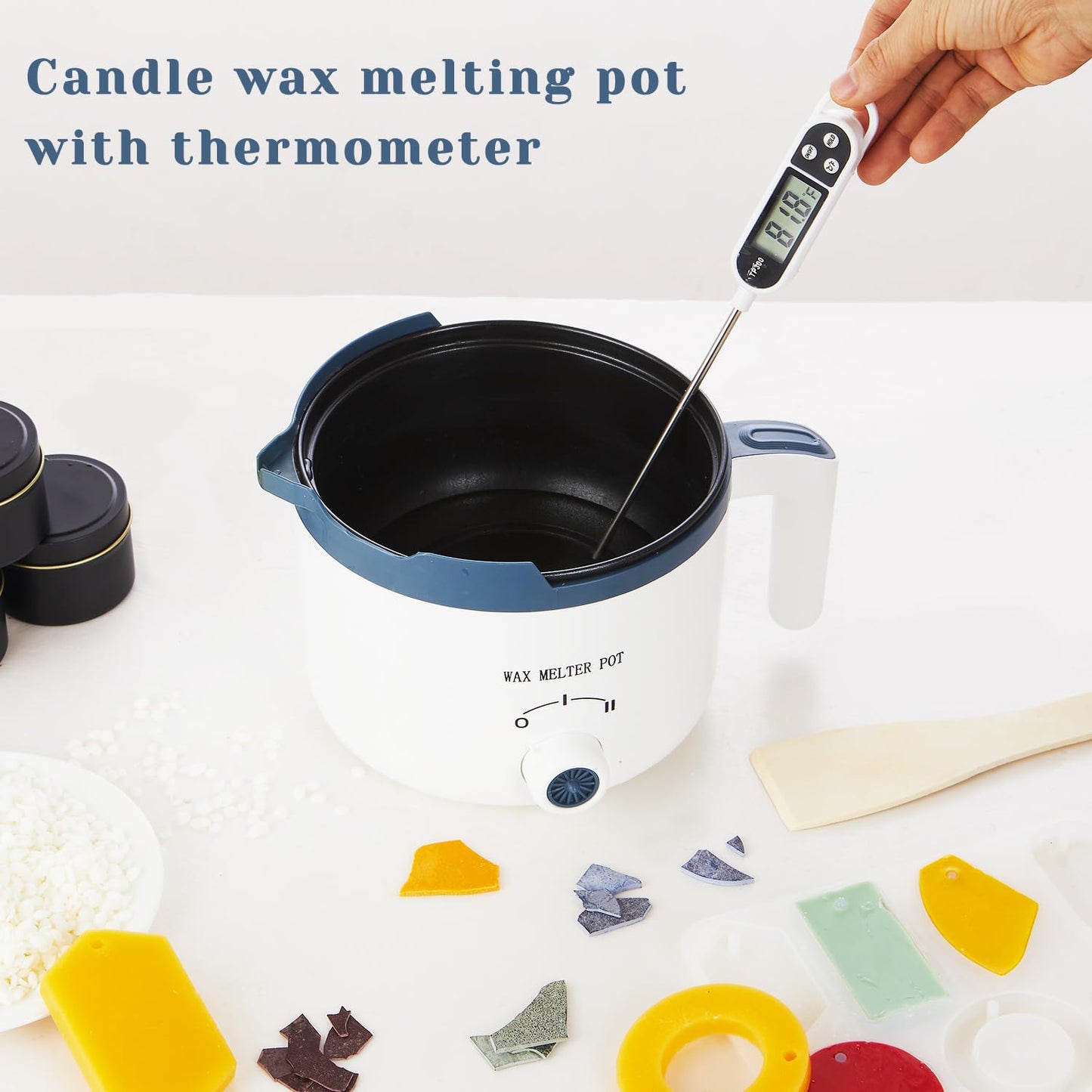 Candle Wax Melting Pot with Spout, Electric Wax Melter for Candle Making, Small Candle Making Pouring Pot with Heat-Resistant Handle, Double Boiler Pot for Adult (electric wax melter with thermometer)