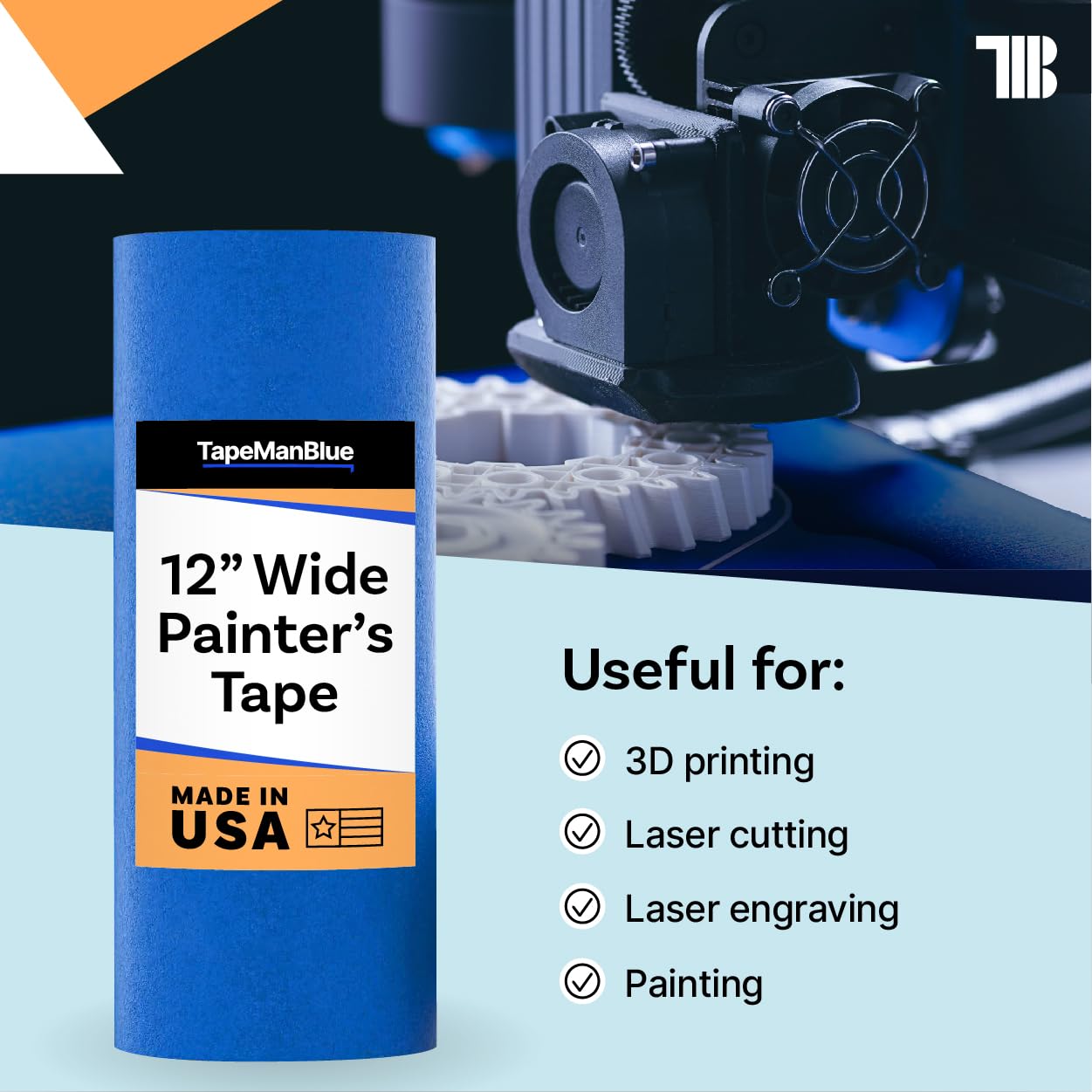TapeManBlue Wide Blue Painters Tape, 12 Inch X 60 Yds, Made in America, Great Masking Tape for 3D Printing and Laser Cutting, Removes Cleanly for 21 Days 12 Inch X 60 Yards Blue