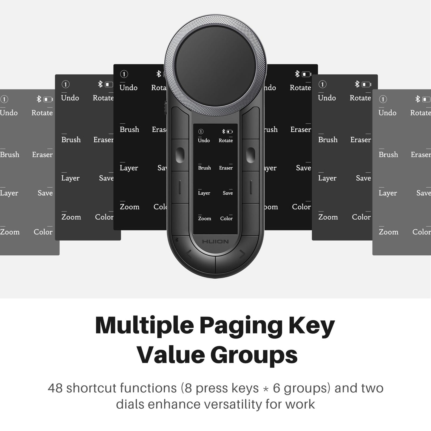 HUION Keydial Remote Bluetooth Programmable Keypad with Dual Dials 60 Customized Keys, OLED Display Macro Keypad Work with PC, Mac, Mobile, One-Hand Shortcut Keyboard for Drawing Tablet, Laptops