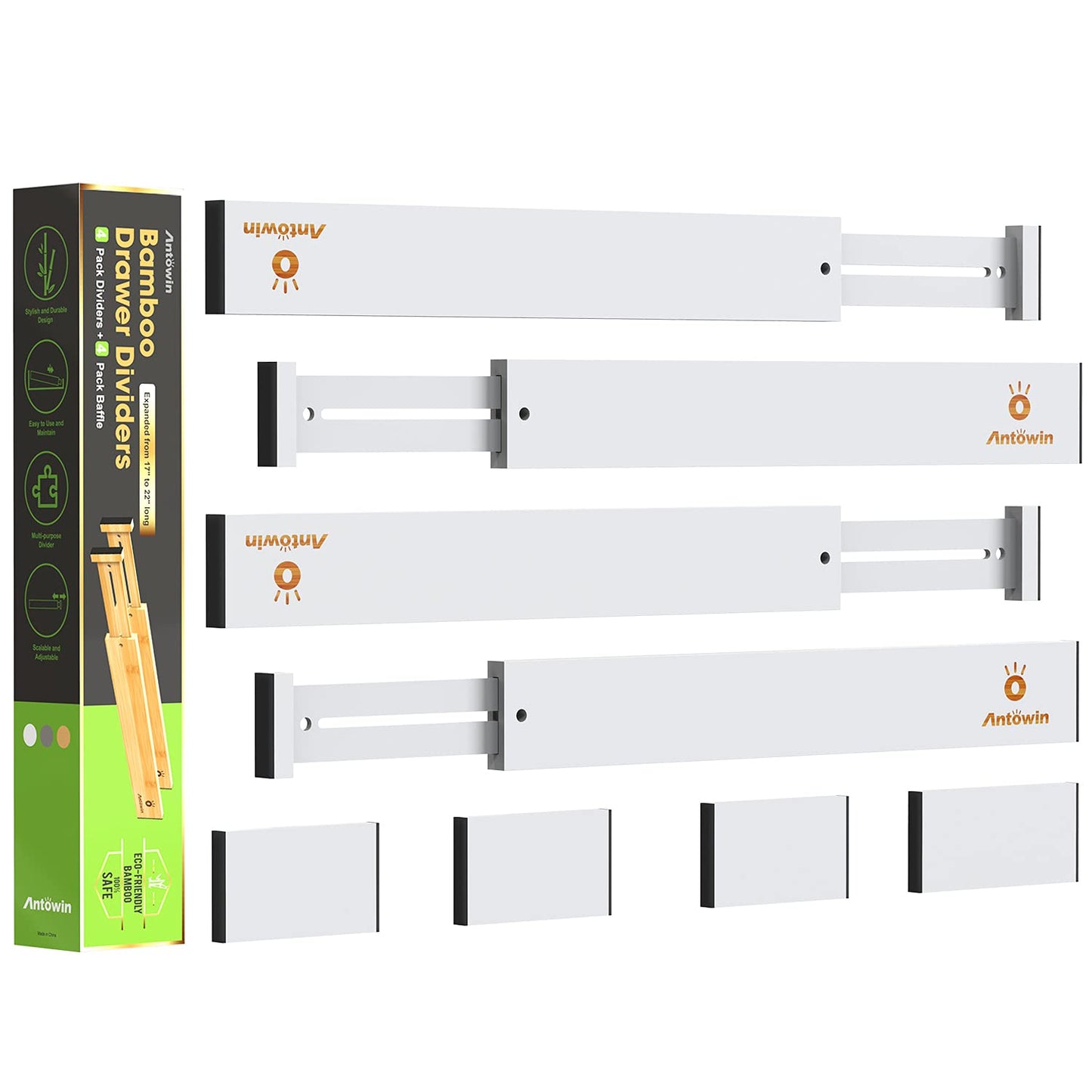 ANTOWIN Bamboo Drawer Dividers Organizers, Expandable Drawer Separators Splitter,17-22 inches Long Adjustable Spring-loaded Organizer for Large Utensil, Clothes, Tools Drawers (White)