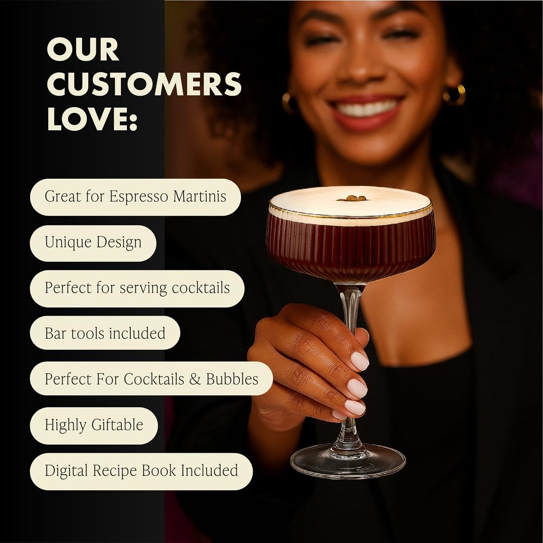 Vemacity Ribbed Espresso Martini Glasses Set of 4 with Gold Rims, Bar Spoon & Jigger | Coupe Cocktail Glass | Champagne Saucers | Ribbed Glassware | Coupe Glasses | Ideal for Martinis and Cocktails