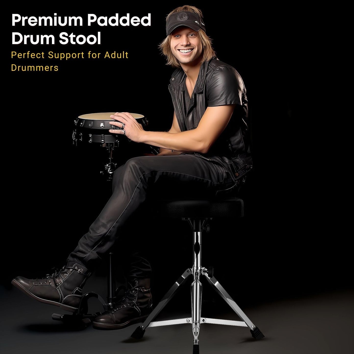 Flexzion Drummer Throne - Padded Drum Stool for Adults & Kids with Adjustable Height - Round Top Drummer Chair Seat with Foldable Tripod & Anti-Slip Rubber Feet for Beginner & Professional Musician