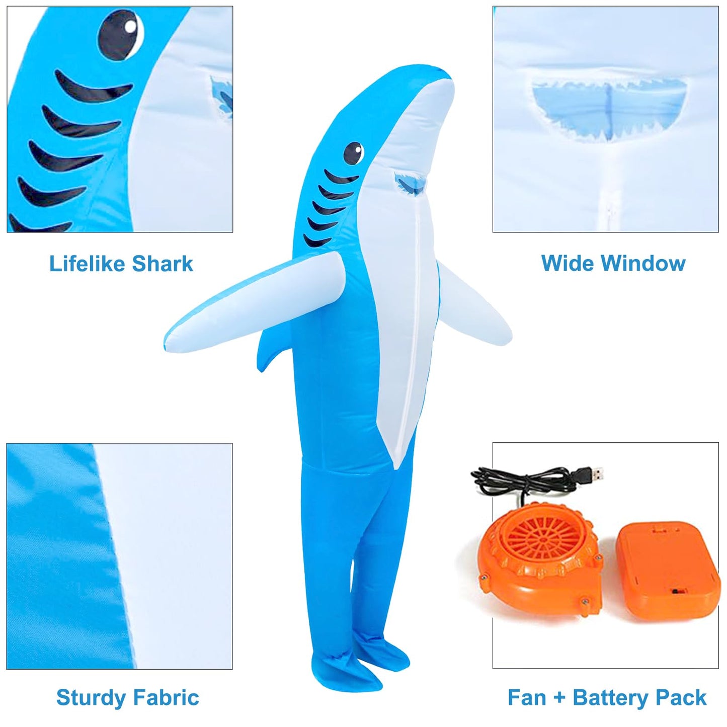 Inflatable Costume Kids 4'3''-4'11'' Tall Cute Shark Costume, Funny Halloween Costume for Party, Event, Gifts