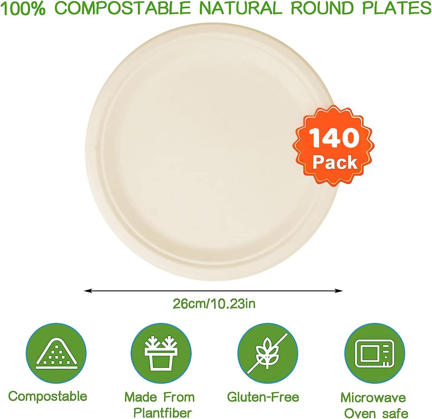 140 Pack 10 Inch Paper Plates, 100% Compostable Biodegradable Disposable Plates, Heavy Duty Bagasse Sugarcane Plates for Dinner, Party & Birthday, Large Round Serving Plates, Brown