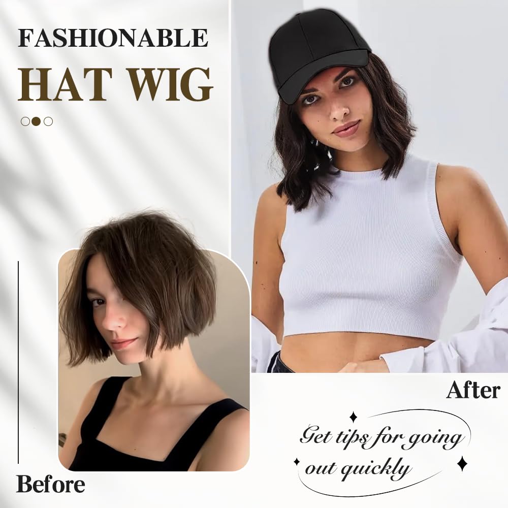 CHRSHN Hat Wig for Women, Short Wavy Baseball Cap Wig with Curly Synthetic Hair Extensions, Adjustable Black Brown Baseball Hat Wig