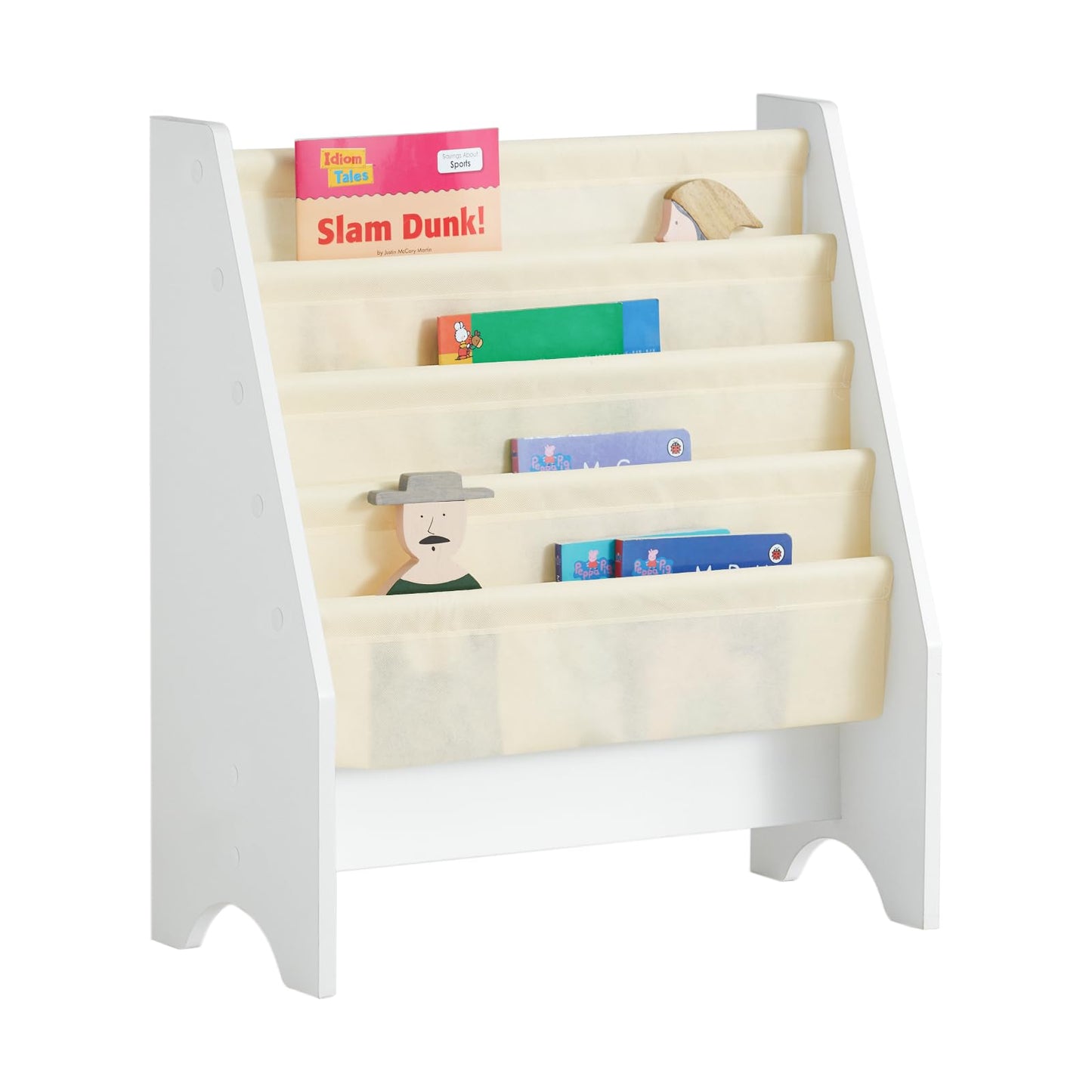 SoBuy Kids Bookshelf with 4 Fabric Sling Pockets, Montessori Front Facing Bookcase for Toddlers, Space Saving Children Book Organizer for Nursery Playroom & Bedroom, 62 x 30 x 71 cm, White FRG225-W