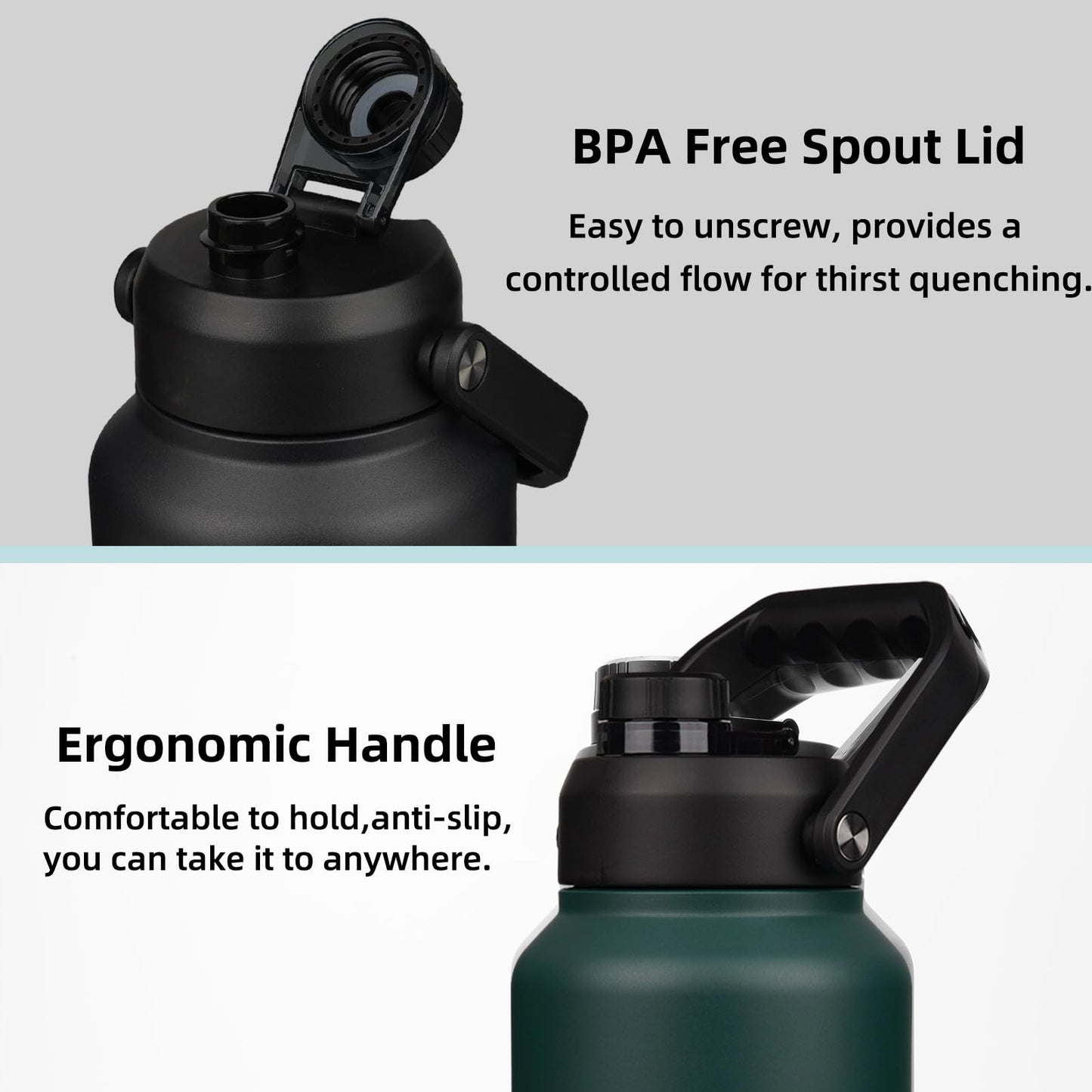 BJPKPK 87oz Insulated Water Bottle, Dishwasher Safe 2/3 Gallon Water Bottle with Ergonomic Handle, BPA Free Leak Proof Water Jug, Stainless Steel Metal Water Bottle with Anti-Slip Bottom, Black