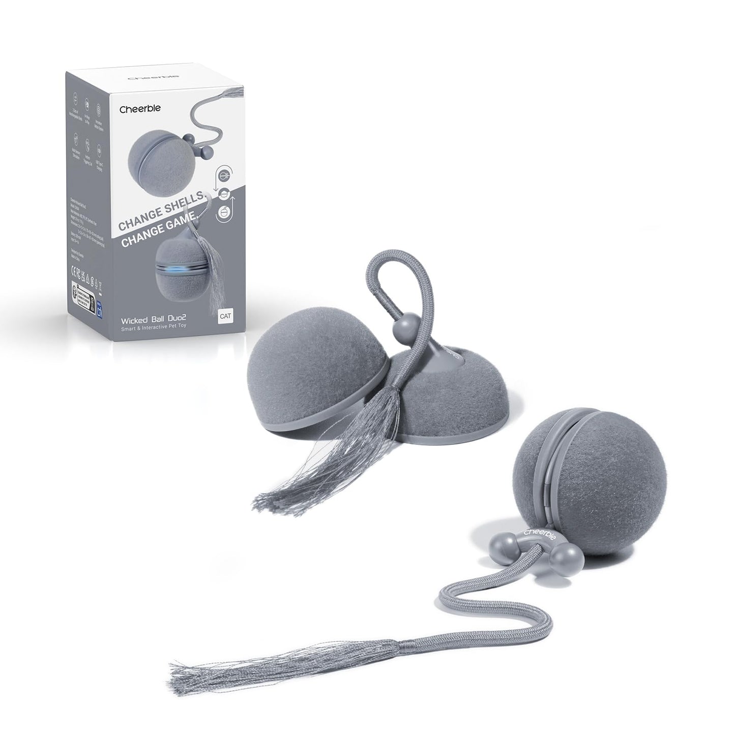 Cheerble 2 in 1 Interactive Cat Toys for Indoor Cats - Wicked Ball Duo2, Automatic Rolling Ball & Spinning Top, 6 Play Ways with Bird Chirping and Speedy Tail, LED Rechargeable Cat Toy for Kittens