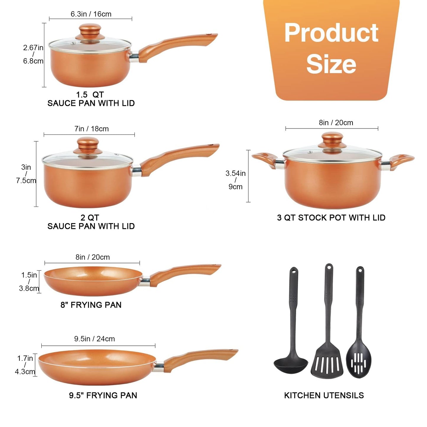 M MELENTA Pots and Pans Set Non Stick, 11pcs Ceramic Nonstick Cookware Set Induction Cookware, Pots and Pans with Frying Pan, Sauce Pan, Cooking Pot, Kitchen Utensils, 100% PFOA Free, Copper