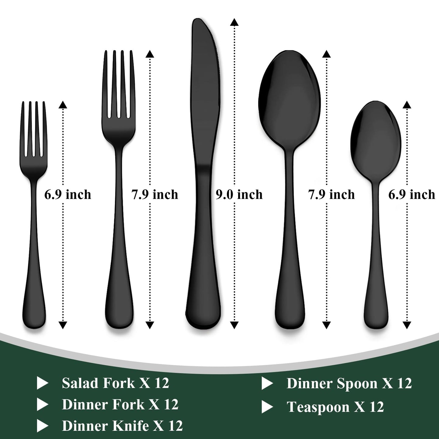 Wildone 60-Piece Black Silverware Set, Stainless Steel Flatware Cutlery Set Service for 12, Tableware Eating Utensils Include Knives/Forks/Spoons, Mirror Polished, Dishwasher Safe