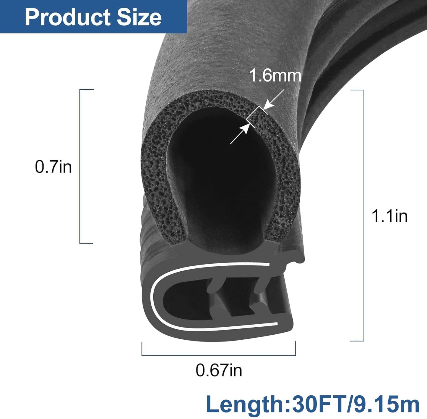 Automotive Door Weather Stripping 30Ft/9.15m Car Door Rubber Edge Trim Seal Strip Gasket with Side Bulb for Car Bus Camper Boat RV Truck Doors