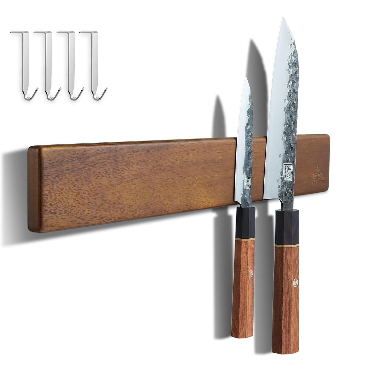 ENOKING Acacia Wood Magnetic Knife Strip for Kitchen, Wall Mounted Knife Magnetic Holder for Chef Knives, 16 Inch with Gift Box & 4 Hooks