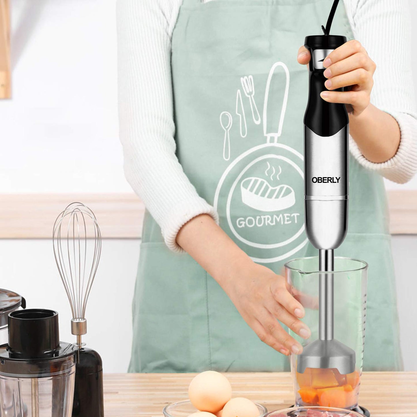 Immersion Hand Blender Electric, OBERLY 500W Heavy Duty 3-in-1 Handheld Stick Mixer, Smart Stepless, Stainless Steel Blade with Milk Frother, Egg Whisk for Coffee Foam, Smoothies and Puree