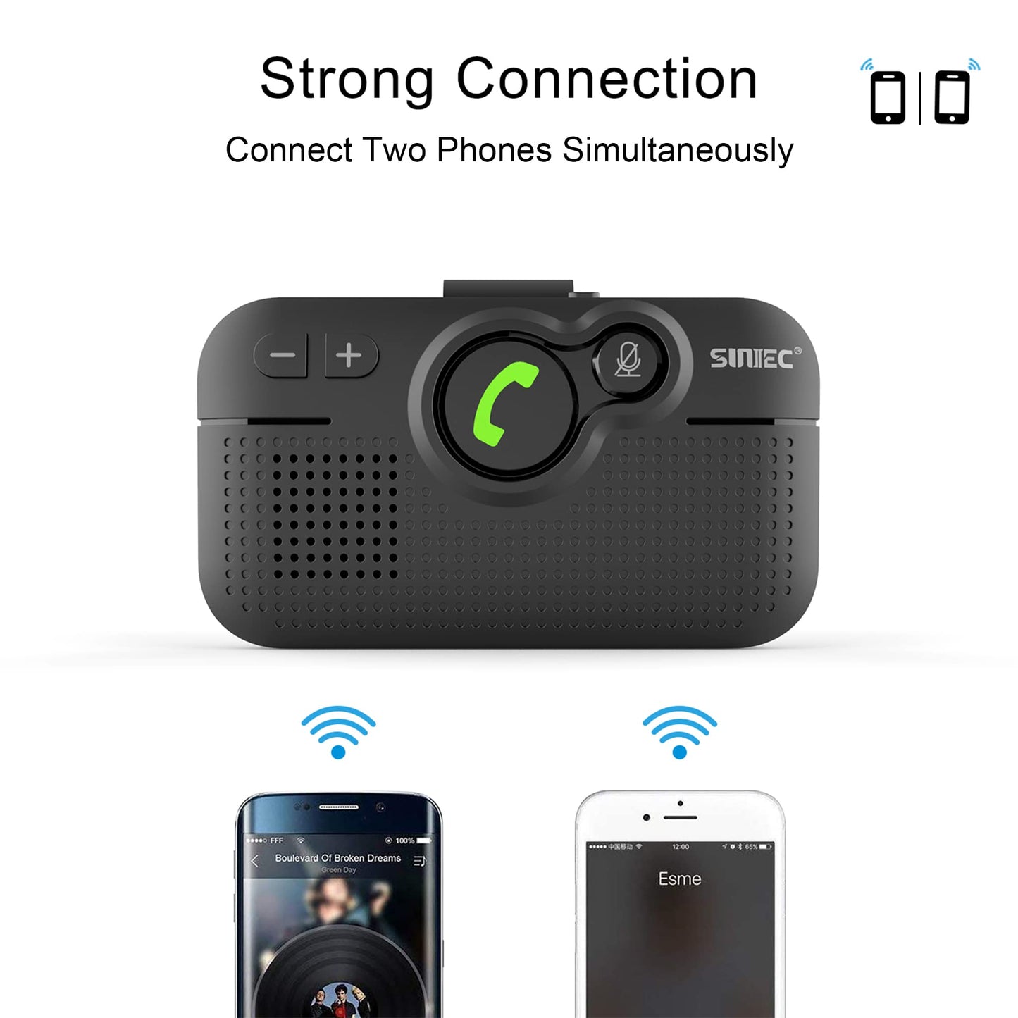 SUNITEC Handsfree Bluetooth for Cell Phone, Bluetooth Car Speaker AUTO ON Off 3W Speakerphone Support Siri Voice Assistant Wireless in-Car Hands Free Speaker with Visor Clip - BC980P