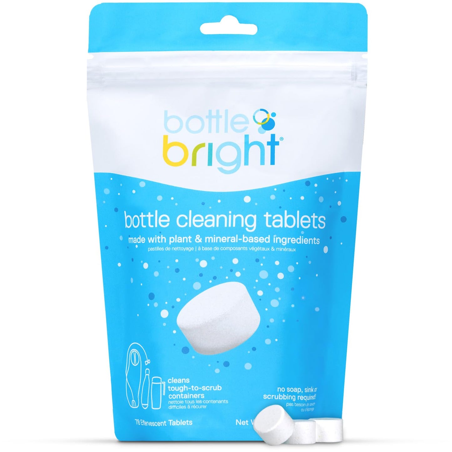 Bottle Bright Bulk Pack (78 Tablets) - All Natural, Biodegradable, Chlorine & Odor Free Water Bottle & Hydration Pack Cleaning Tablets