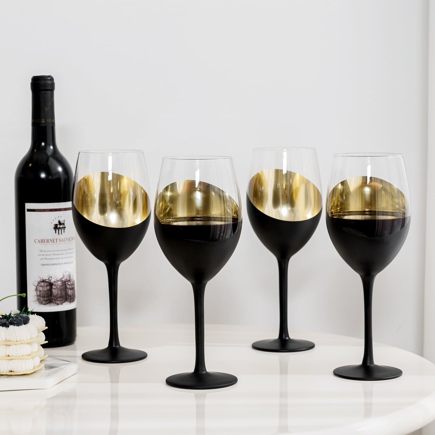 MyGift 14 oz Modern Slanted Matte Black and Gold Tone Stemmed Wine Glasses, Elegant Angled Design with Metallic Interior Accent Glass Stemware, Set of 6