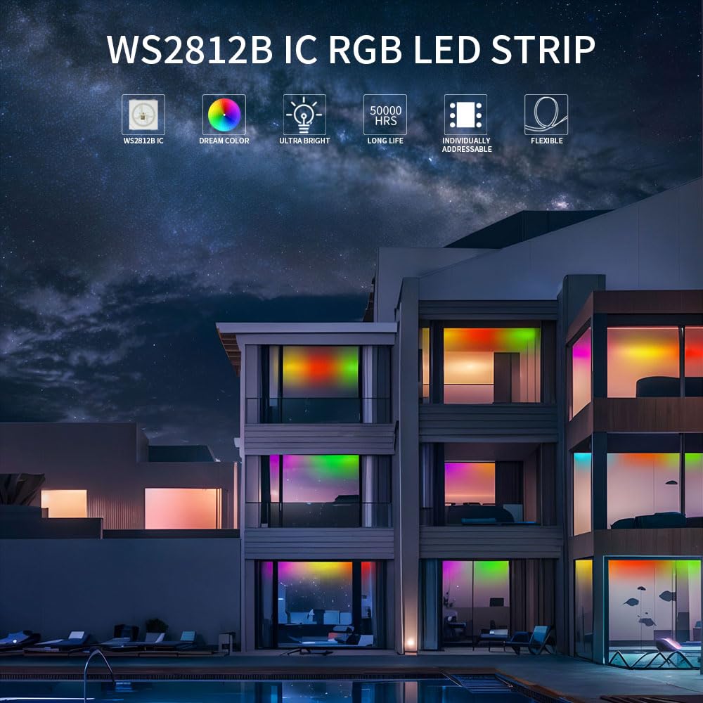 LOAMLIN WS2812B IC RGB 5050SMD ECO Individual Addressable LED Strip Light, 16.4FT 300LED 60LED/m Flexible Full Color IP65 Waterproof DC5V White PCB for DIY Project (No Power Adapter or Controller)