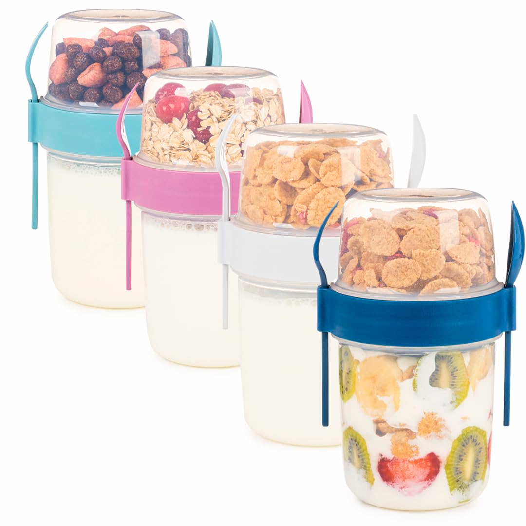 Eynel 650ml Take-go Fruit Muesli Container with Spoon Picnic Work Yogurt Milk Cup Breakfast Glasses with Lid and Spoon, Cereal Topper Oatmeal Granola (Set of 4)