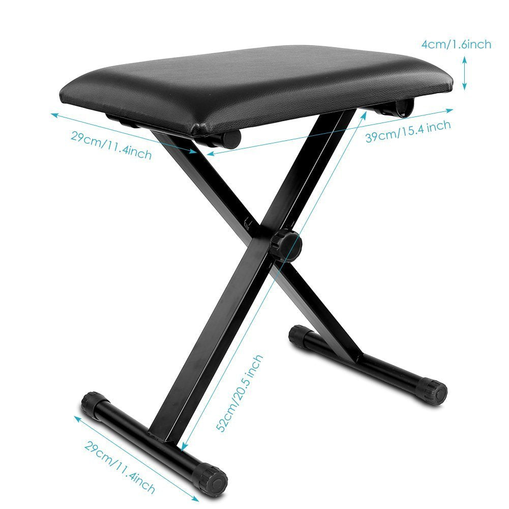 Kunova (TM) Piano Bench Stool 3-Position Height Adjustment(16.5"/17.5"/19.5", 42cm/45cm/50cm) Black Folding Super-Stable and Durable Padded Keyboard Bench with X-Style Iron Legs