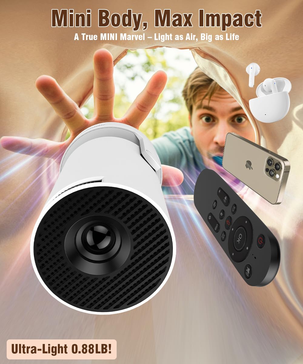 Mini Projector with WiFi6 and Bluetooth5.4, Android 14 Portable Smart Projector 4K Support, 5w Soundbase Speaker, 200ANSI & Auto Keystone, 180° Rotatable, Projecteur for Home Bedroom Movie HY300Pro+