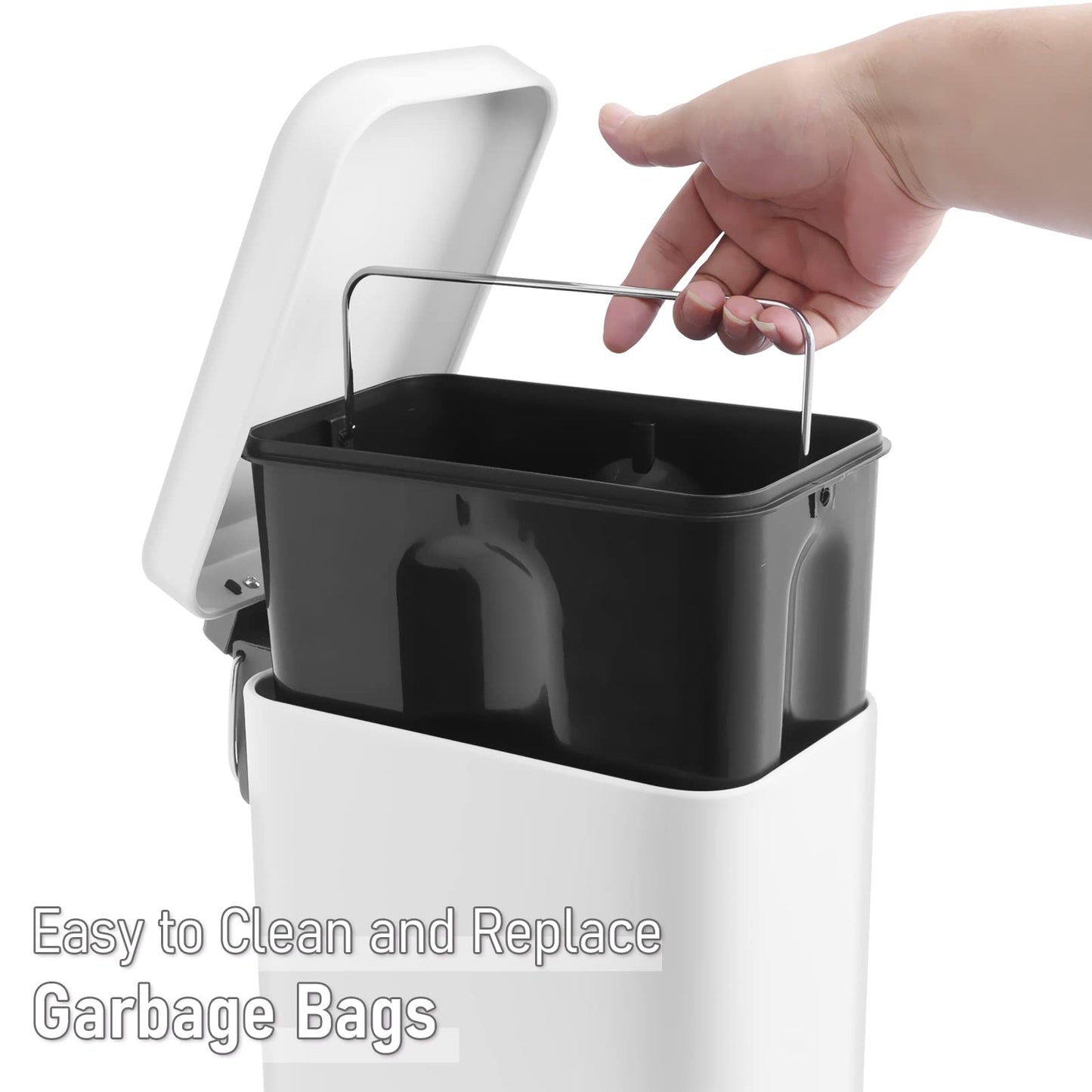 5 Liter/1.3 Gallon Slim Small Trash Can with Lid Soft Close, Stainless Steel Garbage Can for Bathroom Bedroom Office, Rectangular Step Trash Bin with Removable Inner Waste Basket (White)