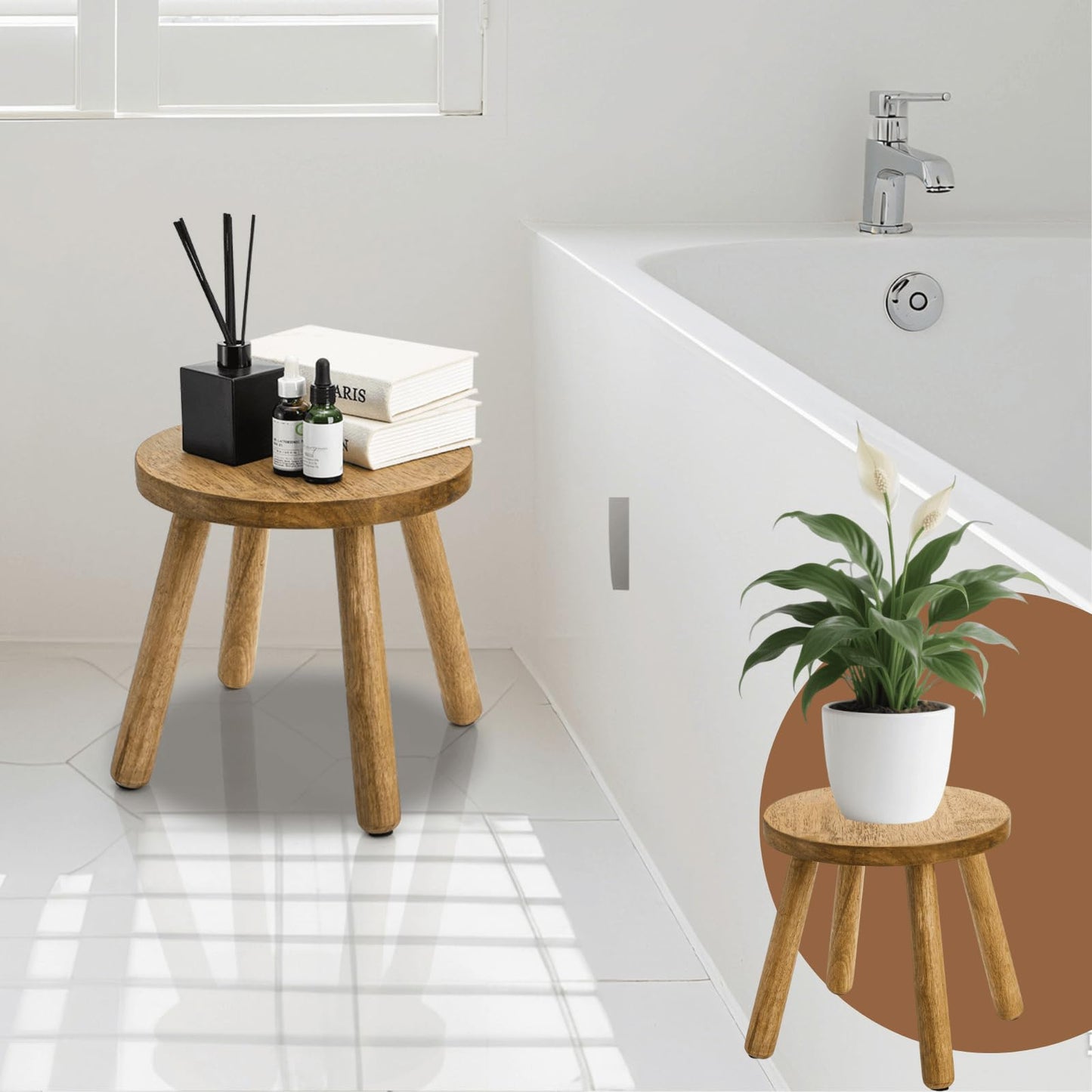 YOUEON 12 Inch Round Solid Wooden Step Stool, Non-Slip One Step Stool for Adults, Holds up to 300 Lbs, Portable & Sturdy, Footstool for Bedroom, Bathroom, Kitchen, Easy to Assemble